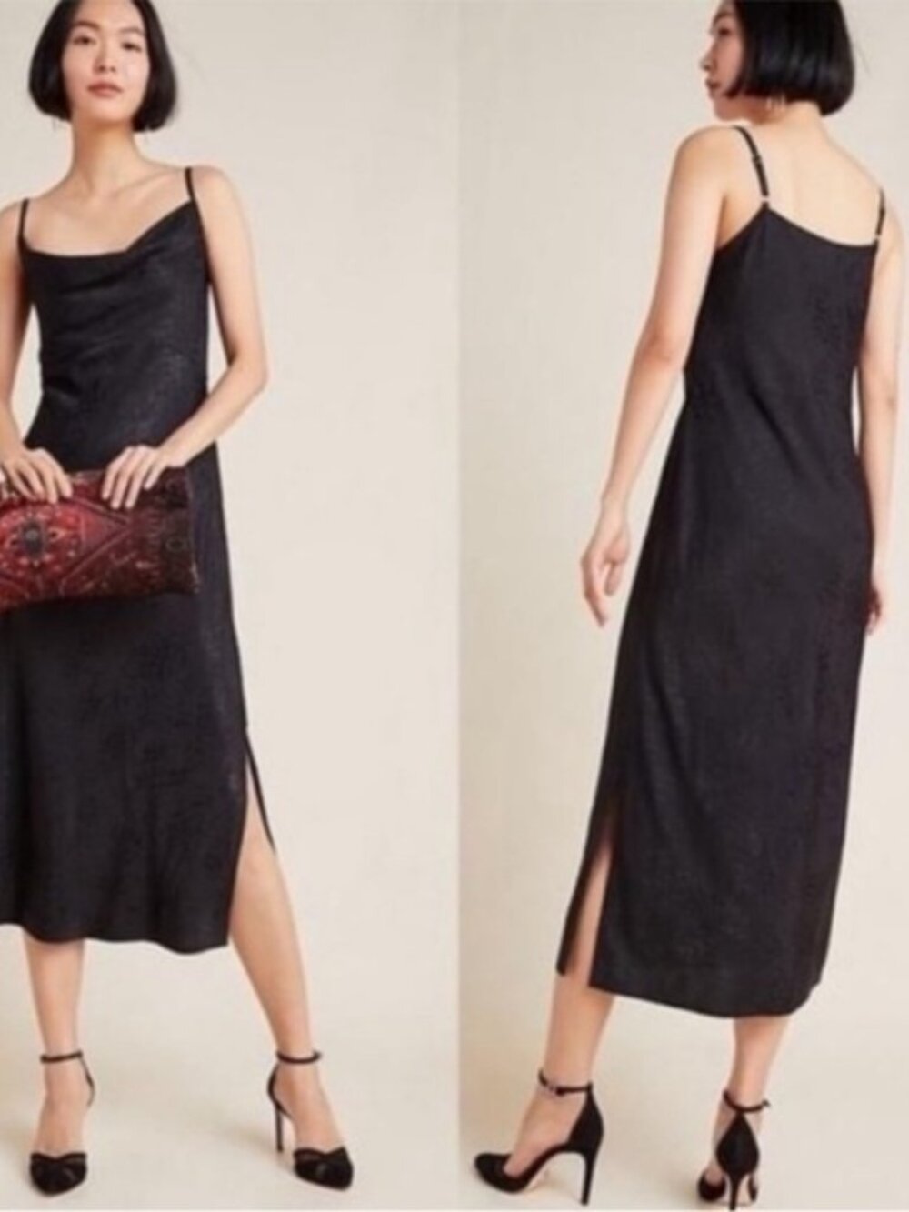 Anthropologie Amelie Jacquard Slip Midi Dress 14 Black